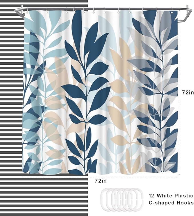 WELMECO Blue Shower Curtain Botanical Shower Curtain Blue Bathroom Decor Polyester Fabric, 72x72inch
