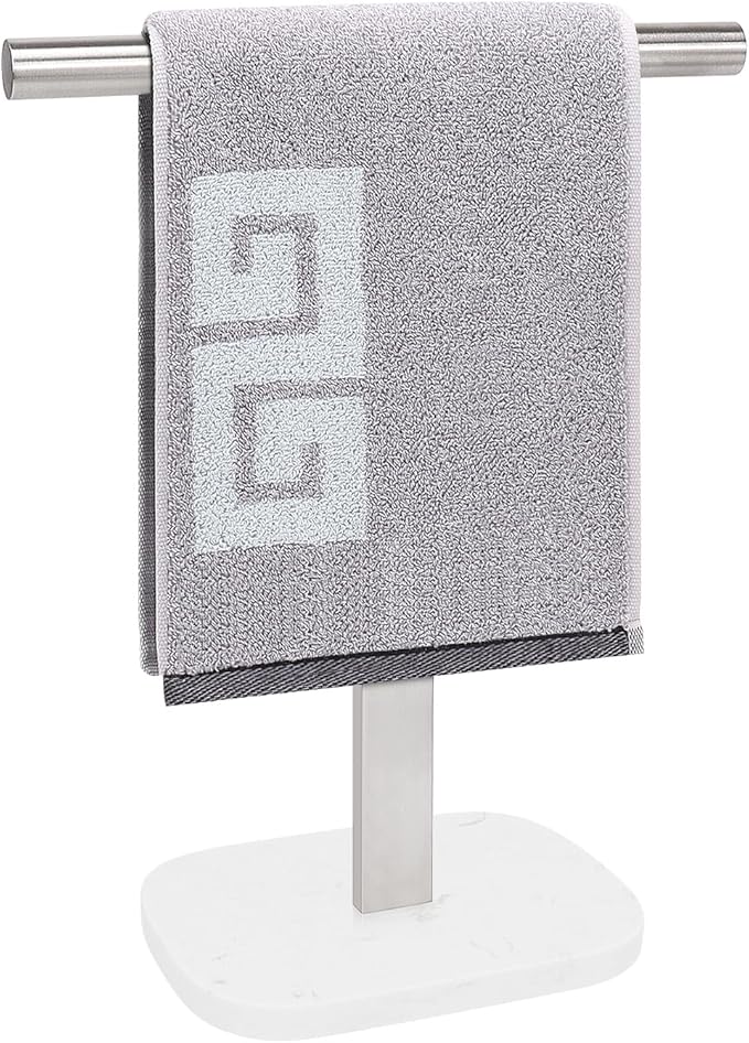 NearMoon T-Shape Hand Towel Holder-Bath Towel Rack-Standing with Balanced Base Towel Bar for Bathroom Kitchen Vanity Countertop, Modern Stand Towel Ring with Marble Base (14 Inch, Brushed Nickel)