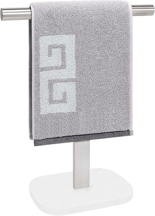 NearMoon T-Shape Hand Towel Holder-Bath Towel Rack-Standing with Balanced Base Towel Bar for Bathroom Kitchen Vanity Countertop, Modern Stand Towel Ring with Marble Base (14 Inch, Brushed Nickel)