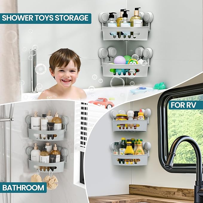 TAILI Suction Corner Shower Caddy, Bathroom Shelf Storage Basket Wall Mounted Organizer for Shampoo, Conditioner, Plastic Rack for Kitchen and Bathroom, Drill-Free Removable-Grey