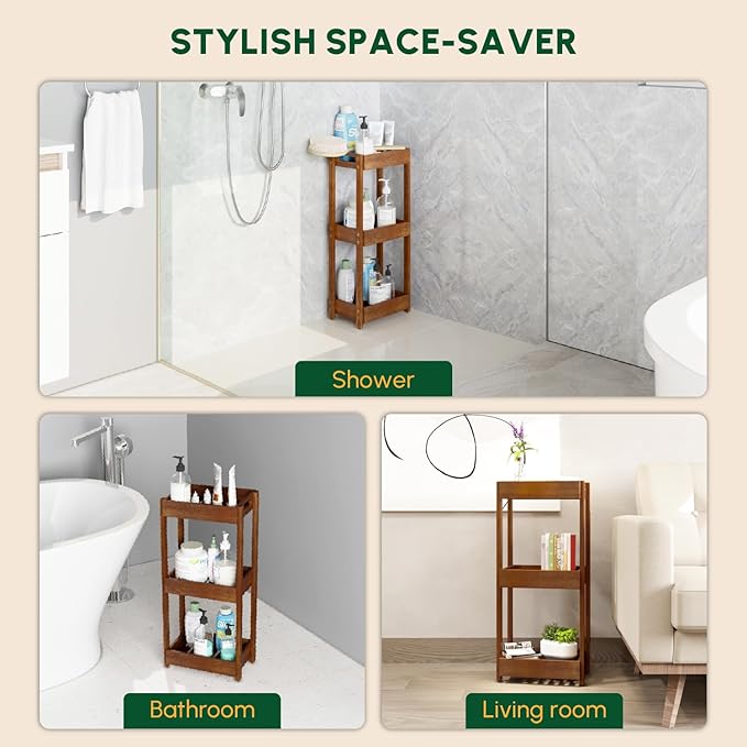 BEEFURNI Acacia Wood Shower Caddy, 3 Tier Shower Organizer, Sturdy Corner Shower Caddy, Wooden Bathroom Shelves Freestanding, Bathroom Standing Shelf (3T)