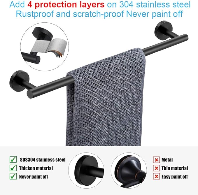 TocTen 5 PCS Bathroom Hardware Set SUS304 Stainless Steel-Towel Rack Set Include Lengthen Hand Towel Bar+Toilet Paper Holder+3 Robe Towel Hooks Bathroom Accessories Towel Bar Set(Matte Black,16IN)