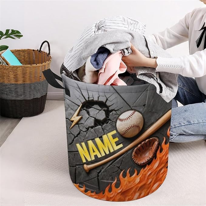Personalized Baseball Laundry Hamper Custom Name Funny Dirty Clothes Laundry Basket Portable Storage Basket For Home Bathroom Family Baseball Lovers Xmas Birthday (style 3)