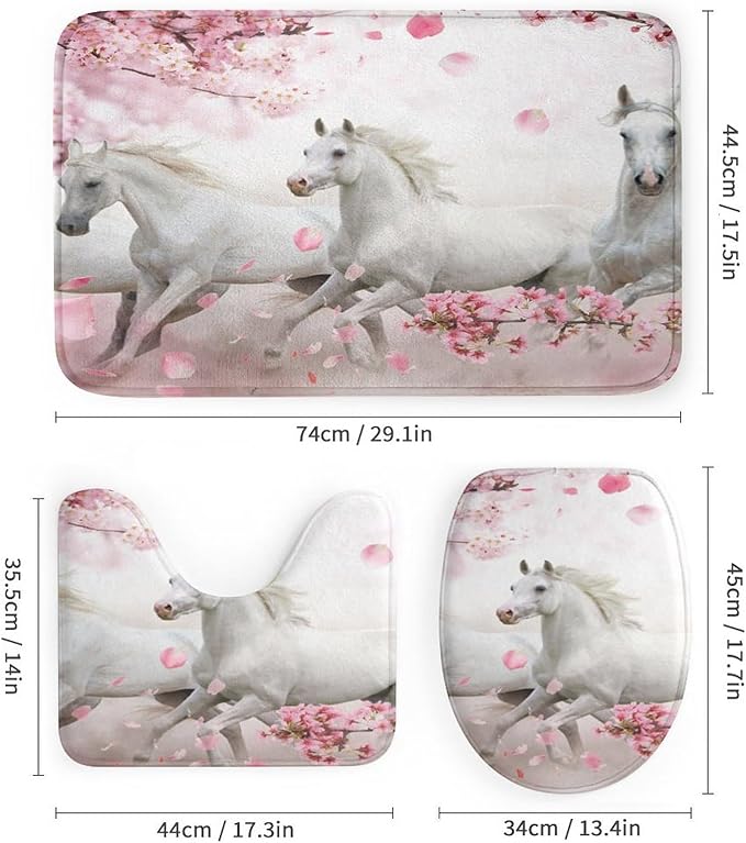 Beautiful White Horse 4 Pcs Waterproof Shower Curtain Set,Realistic Modern Farm Animal Horse Cherry Blossoms with Waterproof Toilet Cover Shower Mat Rugs