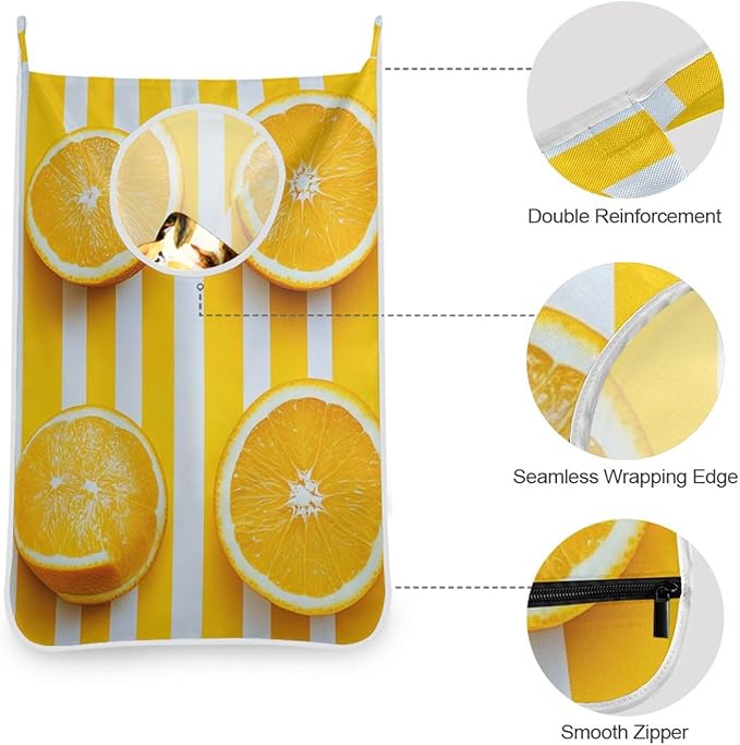 Hanging Laundry Hamper Over the Door with Stainless Steel Hooks Rack Dirty Clothes Wall Mounted Hamper Basket Bag 29.5X20inch Yellow Orange Fruit