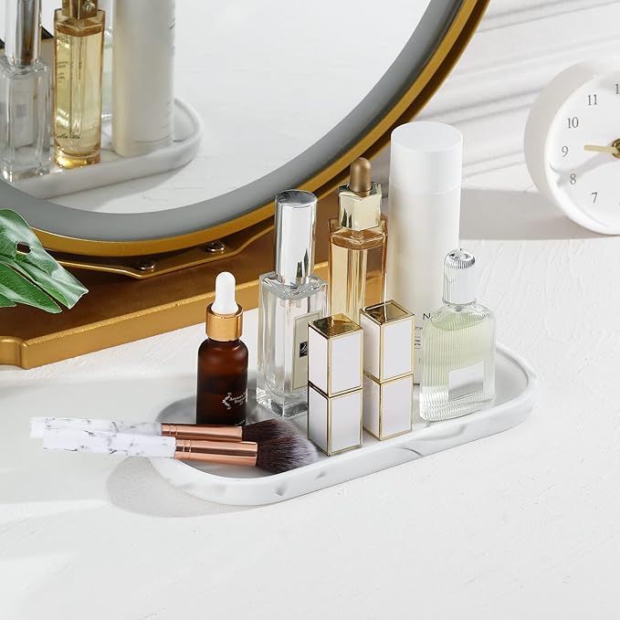 Luxspire Bathroom Vanity Tray Countertop, 10" Marble Tray for Kitchen Counter, Resin Oval Tray for Soap Dispenser and Toilet Tank, Decorative Trays for Perfume, Jewelry, Small, Faux Marble White