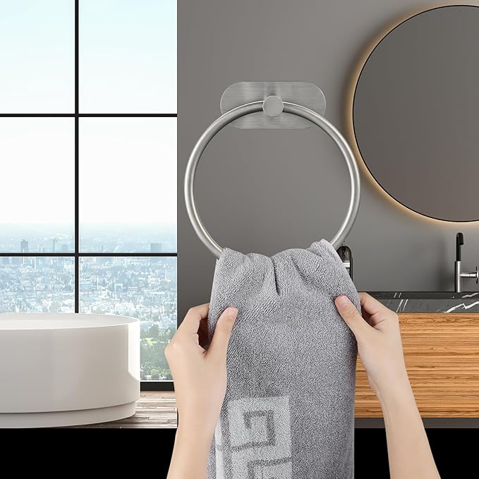Self Adhesive Towel Ring and Toilet Paper Holder, No Drilling Stainless Steel Bathroom Hardware Set, Sturdy Bathroom Accessories for Home or Kitchen, Wall Mounted (Brushed Nickel)