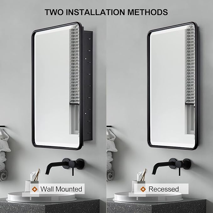 Black Bathroom Medicine Cabinet with Mirror 21 x 34 Metal Frame Recessed Or Wall Mounted Single Door Storage Medicine Cabinets with Adjustable Shelves Rounded Corner Beveled Mirrors