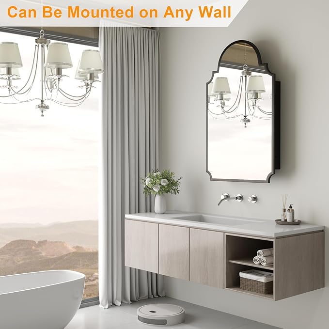 Black Decorative Medicine Cabinet Mirror, 20"x32" Recessed or Surface Mount Metal Irregular Medicine Cabinet for Bathroom, Elegant Curved Aesthetics Mirror with Storage, 2 Stable & Removable Shelves