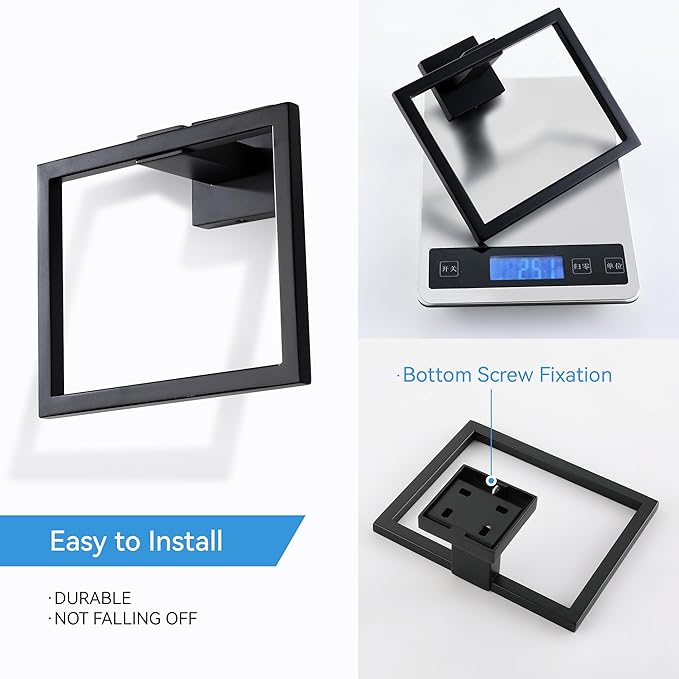 LANC Hand Towel Holder for Bathroom Wall Mount Matte Black Square Hand Towel Rings for Bathroom Hardware Accessories Kitchen Toilet SUS 304 Stainless Steel Shower Towel Hanger Racks, A8896MB