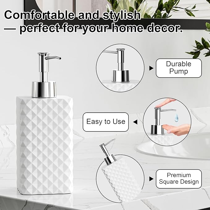 Bathroom Accessories Set Resin 6PCS, Square Toothbrush Holders Set Complete with Soap Dispenser, Vanity Tray, Tumbler, Cups and Cotton Swab Jars (White Diamond, Resin Bath 6 PCS)