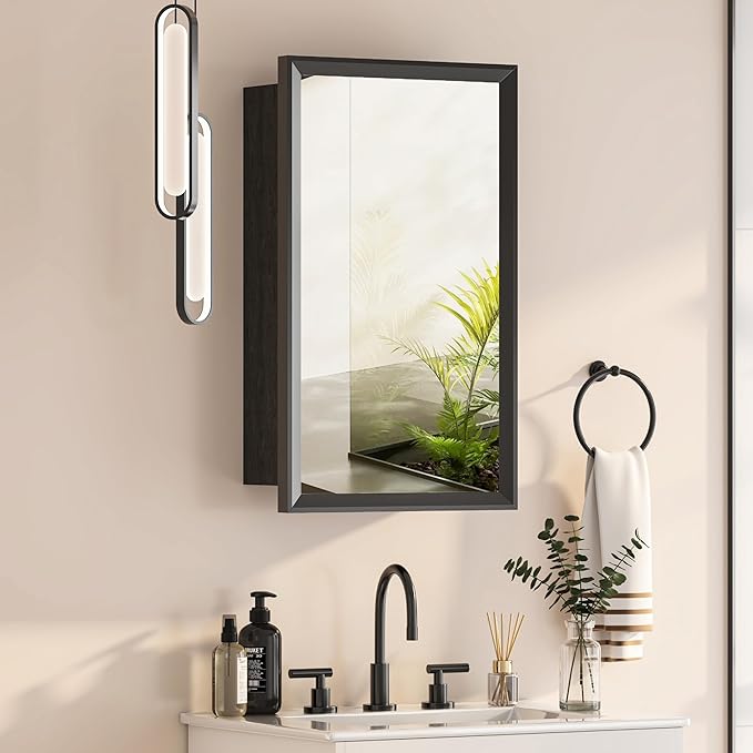 Black Bathroom Medicine Cabinet with Mirror,Beveled Aluminum Frame,16x27 Inch,Bathroom Mirror with Storage Wall Mounted,Medicine Cabinet Mirror,Assembly Required