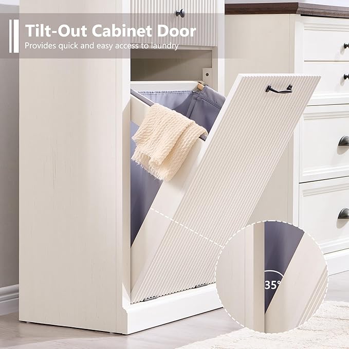 IFBUY Modern Tilt-Out Laundry Hamper Cabinet, 10 Gallon Fluted Trash Can Cabinet with Drawer, Wooden Hidden Garbage Can Cabinets with Laundry Basket, Free Standing for Bathroom and Kitchen, White
