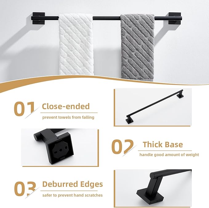 Suyar Matte Black Towel Bar, SUS304 Stainless Steel Bathroom Towel Holder, 23.5 Inches, Wall Mounted