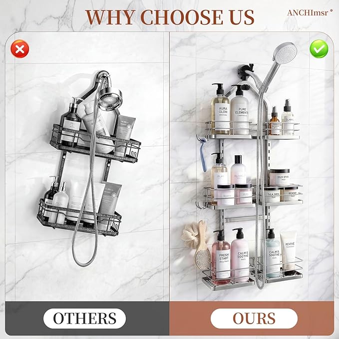 Adjustable Hanging Shower Caddy for Handheld Showerhead, 3-Tier Rustproof Shower Rack Baskets, Anti-Swing Hanging Shower Organizer for Bathroom Storage with 2 S-Hooks, Large Capacity, Silver