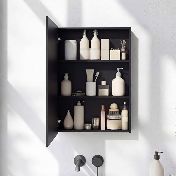 Panana Bathroom Mirror Cabinet Medicine Cabinets with Mirrored Door Wall Mounted Cabinet with Mirror, Storage Shelf with Adjustable Shelves Storage Organizer Kitchen Cupboard (Black, 19.7x27.6 inch)