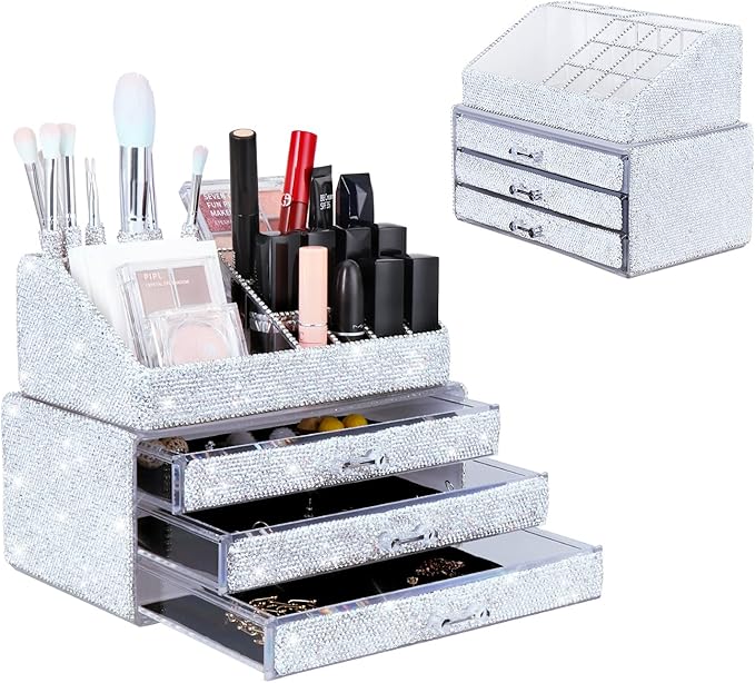 KEYPOWER Makeup Organizers Drawer Bling Diamond,Fashion Countertop Jewelry Cosmetic Storage Display Boxes,Makeup Brush Holder, Cosmetic Holder,2 Pieces Set(Purely Handmade)(White)