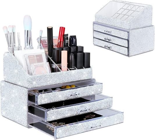 KEYPOWER Makeup Organizers Drawer Bling Diamond,Fashion Countertop Jewelry Cosmetic Storage Display Boxes,Makeup Brush Holder, Cosmetic Holder,2 Pieces Set(Purely Handmade)(White)