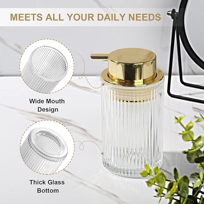 KASUNTING Foaming Soap Dispenser, 11 Fl Oz Clear Glass Foam Hand Soap Dispenser for Bathroom & Kitchen, Refillable Foaming Bottle with Gold Pump, Modern Ribbed Dish Soap Foam Dispenser