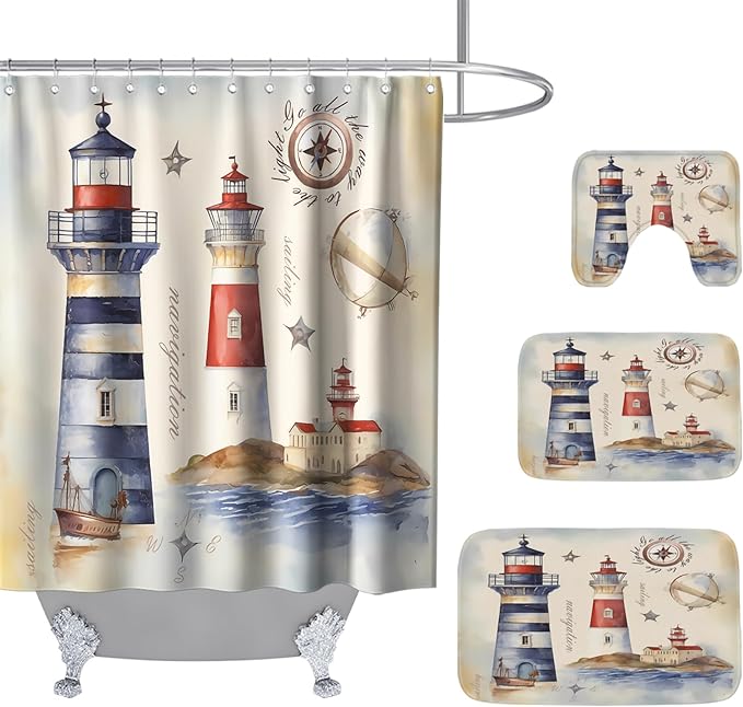 Beach Ocean Modern Bathroom Sets with Coastal Lighthouse Funky Shower Curtain and 20 x 31 Rugs Bathroom Accessories Sets Decor with Bath Rug, Bath Mat, U-Shaped Contour and Hooks 72 x 72 Inch Colorful