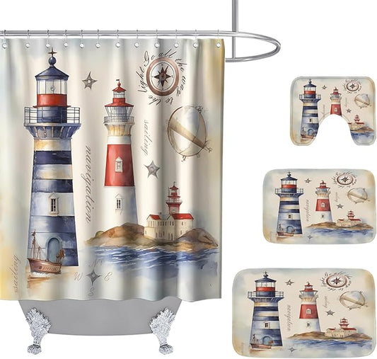 Beach Ocean Modern Bathroom Sets with Coastal Lighthouse Funky Shower Curtain and 20 x 31 Rugs Bathroom Accessories Sets Decor with Bath Rug, Bath Mat, U-Shaped Contour and Hooks 72 x 72 Inch Colorful