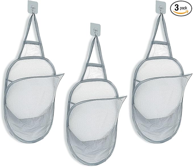3 Pieces Hanging Laundry Hamper Foldable Mesh Hamper Dirty Cloth Basket with Carry Handle Door net Hampers for Store Cloth, Toy, Camping, Potato Chips,Home and Hotel Use(Grey)