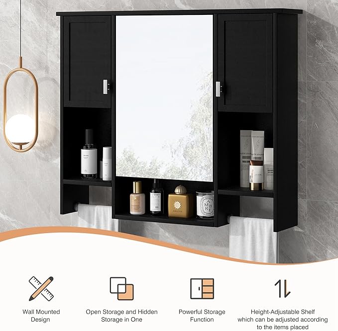 Merax Medicine Cabinet for Bathroom, Wall Mount Bathroom Cabinet with Mirror, Open Shelf, and Towel Bar, 35" W x 28.7" H Over The Toilet Mirrored Bathroom Wall Cabinet