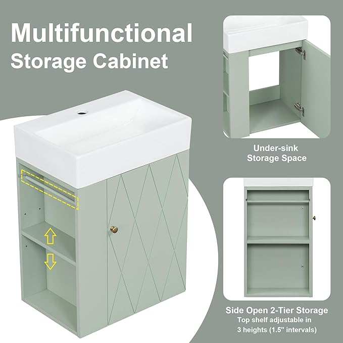 Virubi 20" Floating Bathroom Vanity with Sink, Soft Closing Door,and Storage Shelves, Solid Wood Frame & MDF Modern Single Small Bathroom Vanity Cabinet with Open Shelf,Wall Mounted (Green)