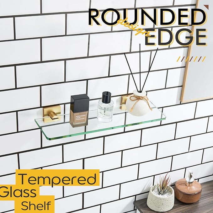 KOKOSIRI Floating Wall Shelf 16-Inch Bathroom Tempered Glass Shelves Shower Hanging Rack for Kitchen Storage Home Decor, Gold Stainless Steel B1107BG-L16