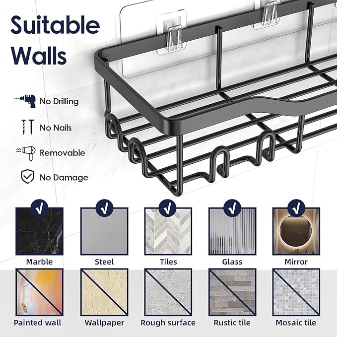 5-Pack Adhesive Shower Caddy - Rustproof Stainless Steel Bath Organizer, No-Drill Installation & Large Capacity | With Soap Dish & Toothbrush Holder, Multi-Functional Storage for Bathroom & Home Decor