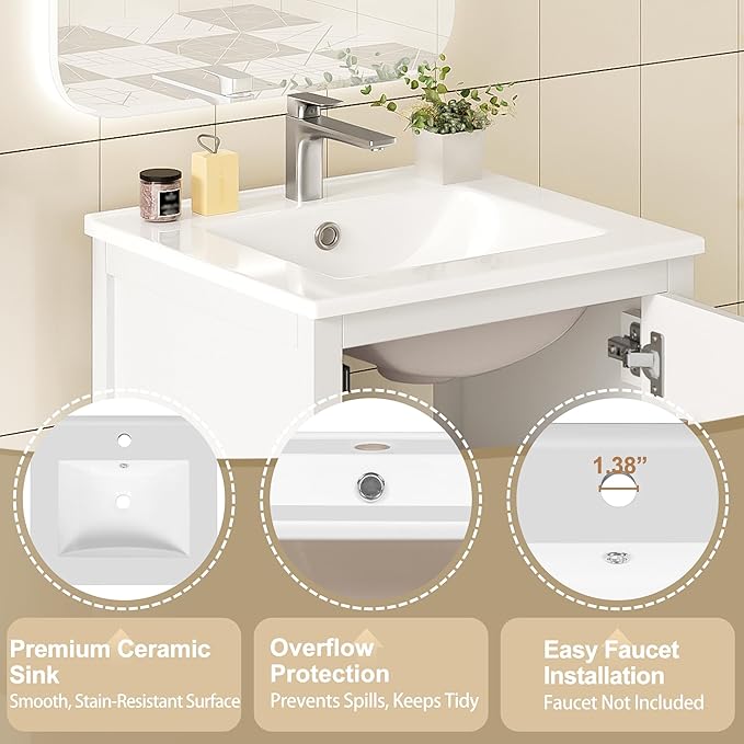 Virubi 20" Small Bathroom Vanity with Sink, Soft-Close Drawer and Door, Wood Modern Single Bathroom Sink Cabinet with Doors and Shelves, Adjustable Foot Pads, for Small Space (White)