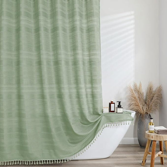 OVZME Light Green Shower Curtain 78 Inch Long, Boho Thick Linen Textured Shower Curtain with Tassel, Farmhouse Minimalist Striped Weighted Machine Washable Bathroom Decor, 72Wx78L Inches