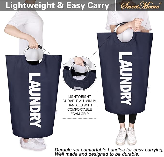 Large Laundry Basket Collapsible 95L, Tall Laundry Bag with Handles for Boys, Student, ?€? Fioldable Dirty Clothes Hampers for College Dorm???Laundry Room, Lightweight, Sturdy - Navy Blue