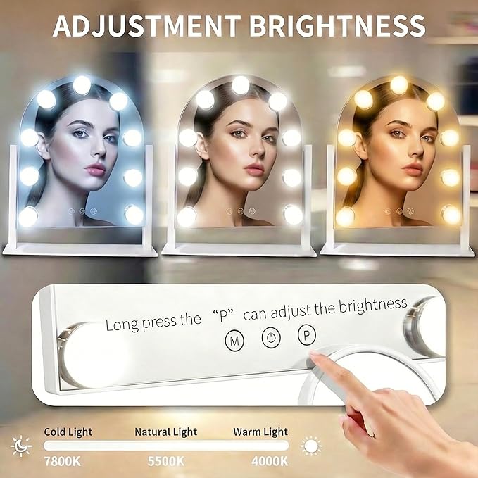 Arched Makeup Vanity Mirror with Lights LED Makeup Mirror Detachable 10X Magnification, Hollywood Make Up Mirror with Lighting, Smart Touch, Rechargeable,360° Rotation,White 14.17"x 11.81"