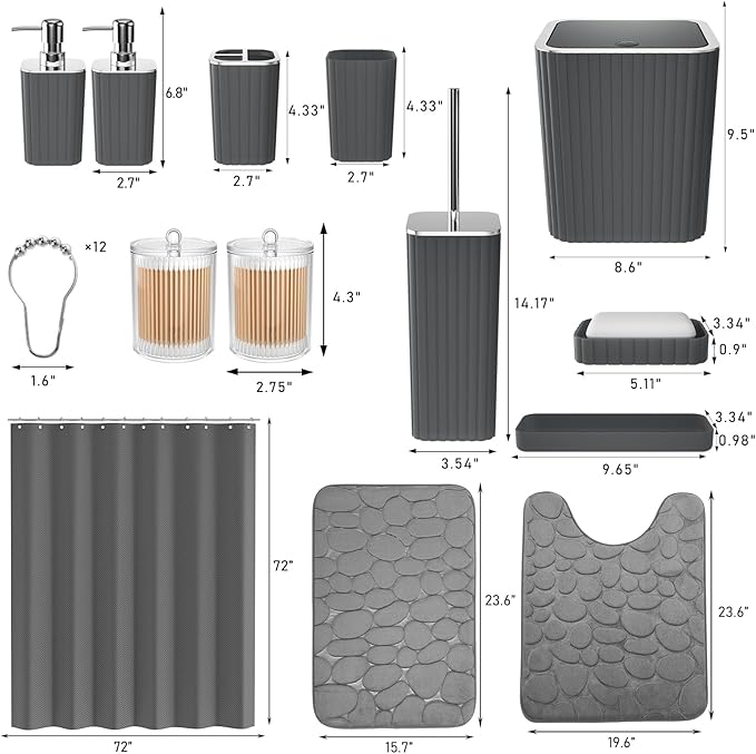 XLHOMO Bathroom Accessories Set- 25PC Grey Bathroom Set, Bathroom Set with Shower Curtain and Rugs, Shower Curtain Set, Toilet Brush, Trash Can, Qtip Holder Dispenser & Soap Dispenser