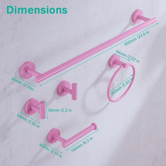 Pink Bathroom Accessories Set,5 Pieces Bathroom Hardware Set,24 inch Towel Bar,Towel Ring for Bathroom,Robe Towel Hooks,Toilet Paper Holder Wall Mounted(Drilling),SE96006S-5PK