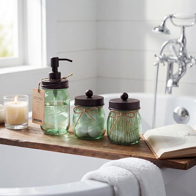 Amolliar Mason Jar Bathroom Accessories Set, 4 Pcs Green Glass Bathroom Set-Lotion Soap Dispenser, 2 Qtip Holders, Toothbrush Holder, Rustic Farmhouse Decor, Bathroom Home Decor For Countertop(Bronze)