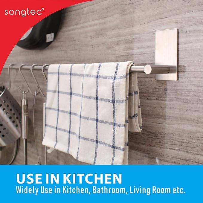 Songtec Adhesive Towel Bar 12inch Brushed, Stick On Bath Towel Rack Easy Install, NO Drilling on Walls, Premium SUS304 Stainless Steel - Brushed