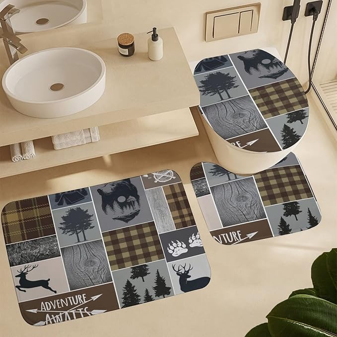 Rustic Plaid Bear Cabin Shower Curtain Sets with Rugs 4 Piece Accessories Bathroom Curtains Shower Set Include Shower Curtain Non-Slip Rug Toilet Lid Cover Bath Mat One Size
