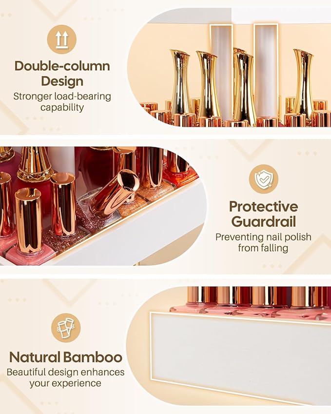 Homde Nail Polish Display Stand and Storage: 360 Degree Rotating Bamboo Rack Organizer, 4 Tier Makeup Holder for Fast Access on Countertop or Vanity for Girls & Women,White