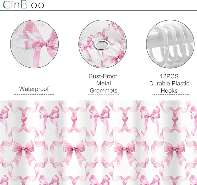 Cinbloo 4Pcs Pink Bow Shower Curtain Set, Retro Coquette Preppy Modern Fashion Pretty Sweet Girly Bathroom Curtain with Rug, Toilet Lid Cover, Bath Mat, Aesthetic Shower Curtain with 12 Hooks