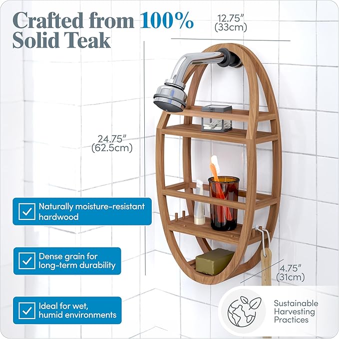 AquaTeak Patented Moa Oval Teak Shower Organizer - Hanging Shower Caddy with Wood Shelves, Hooks & Soap Holder - Durable, Water-Resistant Bathroom Storage with Space-Saving Design