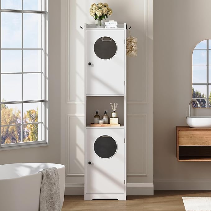 Laundry Hamper Cabinet, 70" Tall Bathroom Cabinet with 2 Laundry Baskets, Hidden Laundry Hamper with 2 Doors and Double Clothes-Toss Round Holes for Bathroom, White WT170XY01S