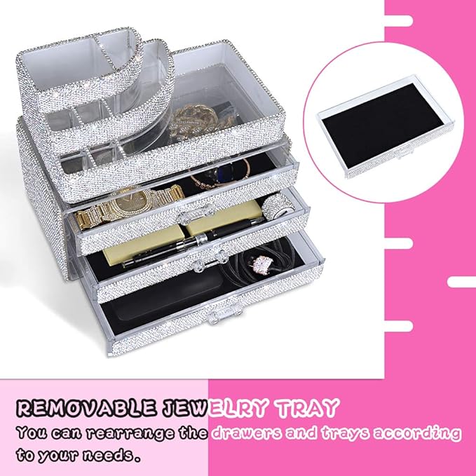 KEYPOWER Makeup Organizers Drawer Bling Diamond,Countertop Jewelry Cosmetic Storage Display Boxes,Makeup Brush Holder,2 Pieces Set(Purely Handmade)(White)