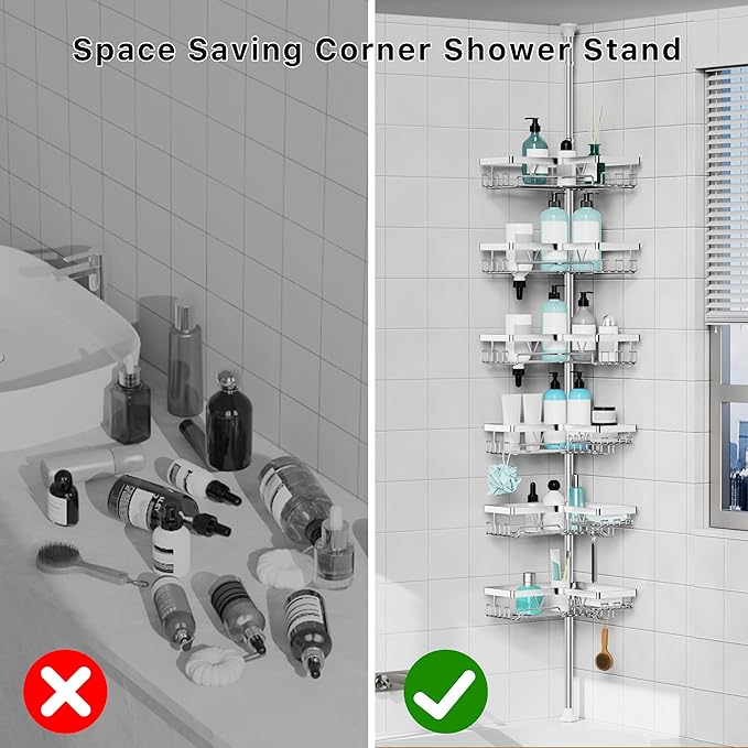 KEGII 6-Tier Corner Shower Caddy Tension Pole, Adjustable Shower Tension Rod Organizer, Floor to Ceiling Shower Caddy 25-114.2 inch, Silver