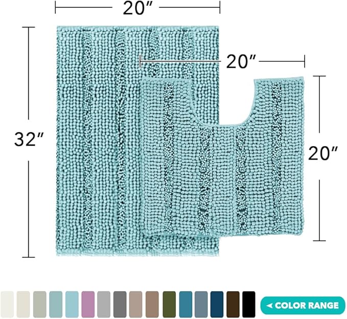 Turquoize Chenille Bathroom Rugs Set Non-Slip Bath Mats for Bathroom Super Absorbent Shaggy Rugs for Tub Shower Toilet Plush Bath Rug Plus U Shaped Rug (Standard: 20" x 32" and 20" x 20" U), Aqua