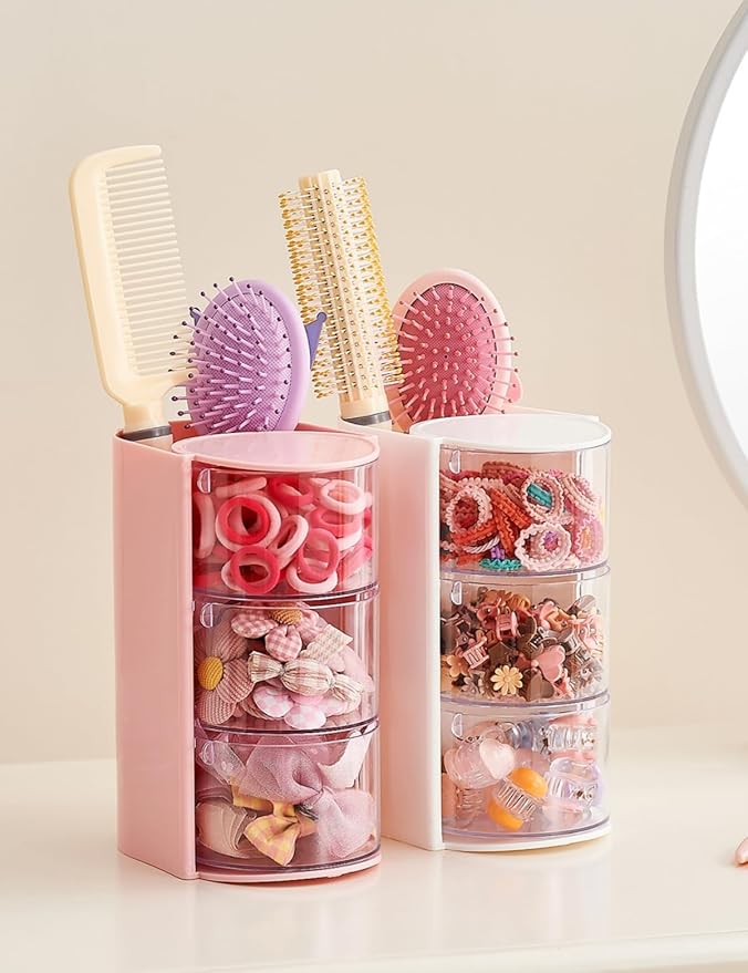 Hair Accessories Organizer with Hair Brush Holder, 3 Drawer Rotatable Hair Tie Organizer for Makeup Brushes, Hair Clips, Earrings, Necklaces, Bracelets and Hair Accessories, Pink, 3-Layer