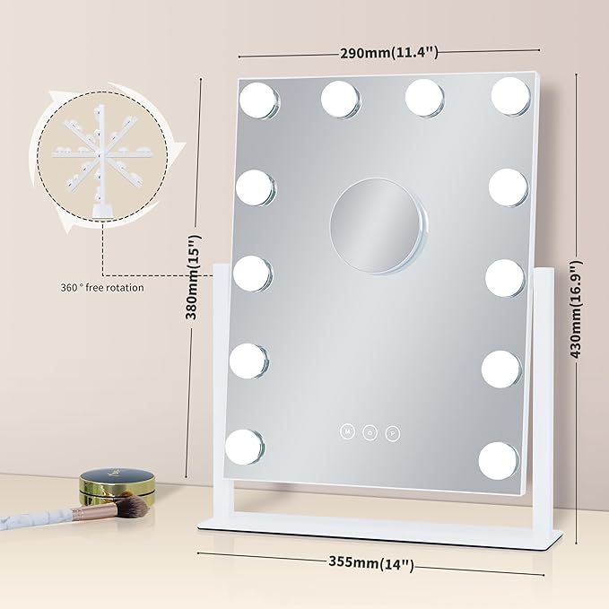 Kotdning Vanity Mirror with Lights,Lighted Vanity Mirror with 12 Dimmable Bulbs for Dressing Room & Bedroom,3 Color Lighting,Modes Detachable 10x Magnification 360°Ratation (White) 14.6" L x 17" W