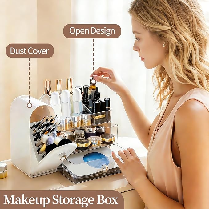 27 Slot Countertop Makeup Organizer with Brush Holder, 3-Tier Multifunctional Makeup Storage Organizer for Vanity, Fits Brushes & Large Cosmetics, Detachable & Easy to Clean