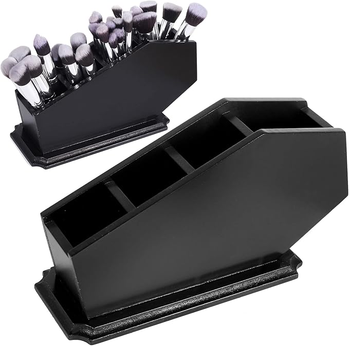 Coffin Brush Holder - Gothic Wooden Makeup Organizer for Vanity - Spooky Halloween Decor for Bathroom, Living Room or Bedroom - Witchy Gifts for Women -Black - 11x6x4 Inches